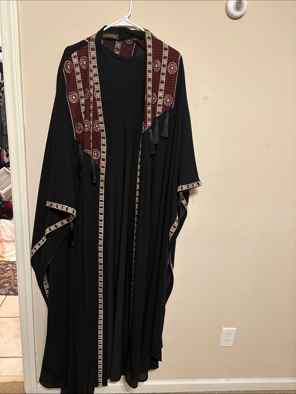 Black Maxi Dress with Burgundy Embroidered Trim and Tassels